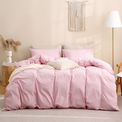 Image of TOCOMOA Pink Gingham Duvet Cover Bedding Set 100% Washed Cotton Like Linen Feel Super Soft Comfortable 2 Piece Cute Plaid Checkered Comforter Cover Set (Twin 68 inchx90 inch, Comforter Not Included)