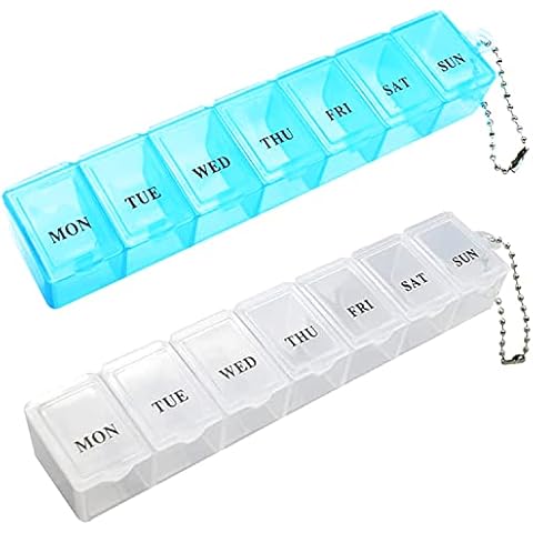 2Pcs Pill Box, Portable Pill Organiser Travel Tablet Box 7 Days Tablet Organiser with Compartments for Medication, Supplements, Vitamins, and Cod Liver Oil(White and Blue) Cover