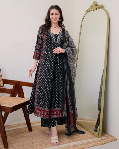 Image of ANNI Designer Women's Pure Cotton Anarkali Kurta Set for Women with Dupatta & Plazzo - Hand Block Print Suit Set | Stylish Dress | Cotton Kurta Set for Women