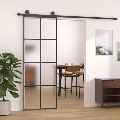 IKAYAA Puerta Corredera de Cristal con Set Herrajes Accesorio Herramienta Puerta Corredera de Aluminio y Vidrio 76 x 205 cm Puertas Interior Cristal para Sala de Estar Salón Habitación Negro 1
