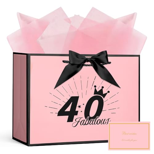 AOOSU Birthday Gift Bag, 28*20*10cm 40th Birthday Party Gifts Bag with Greeting Handles and 3 Wrappers and 1 Cards, Luxury Paper Bags with Handles for Girls Womens Wedding Party Christmas Valentines
