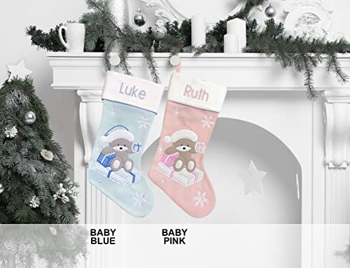 Personalized Christmas Stocking – Baby Boy Stocking – Blue Stocking - First Christmas - Embroidered Name - Large 18.5Inch, Family Holiday Season Decor #TOP3