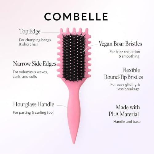 Image of Combelle 5-in-1 Curl Hair Brush | Vegan Boar Bristles | Bio-Based PLA Handle | Detangling, Defining & Frizz Control for Curly & Wavy Hair | For Men & Women - Red (Pack of 2)