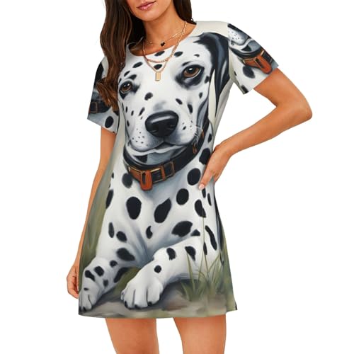 Chemise de nuit légère dalmatien en coton doux pour femme à manches courtes