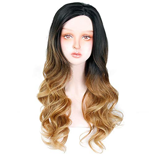 JessLab Ombre Wigs, Natural Look Synthetic Long Curly Wig 2 Tone Black to Brown Side Part Wavy Wigs Hair Extension Heat Resistant Hairpiece Cosplay Wig for Women Girl, 26 Inches