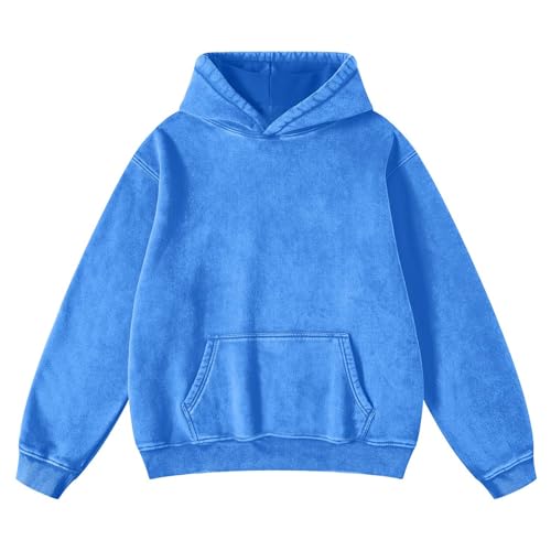 Womens Hoodies Casual Loose Acid Wash Sweatshirts Long Sleeve Pullover Hooded Sweatshirts Fashion Hoodies Vintage Tops Blue