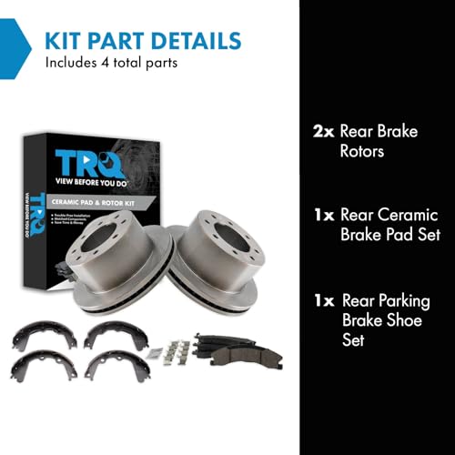 Image of TRQ Rear Brake Pad & Rotor Kit Parking Brake Shoe Set Ceramic Compatible with 2013-2017 Chevrolet Silverado 3500 HD GMC Sierra 3500 HD