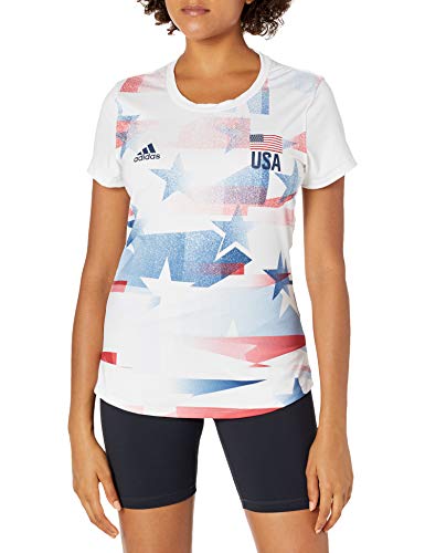 adidas womens USA Volleyball Primeblue Replica Tee White/Navy Blue/Power Red Large