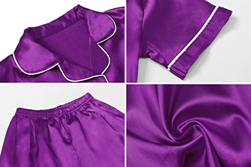 Image of Umeyda Women & Girls Pajamas Set, 2 Piece PJS Satin Silk Sleepwear Button-Down Top with Shorts for Mom Kids Gifts