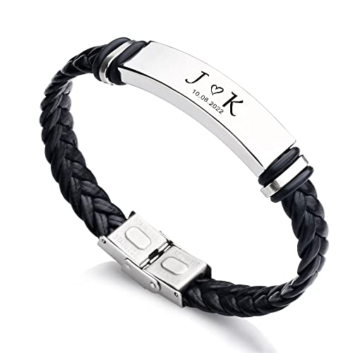 EDSG Personalised Mens Bracelet Leather Bracelets Gifts for Men Him Boyfriend Husband Dad Custom Engraved Bracelet Gift for Valentines Day Birthday Wedding Christmas (Design 1)