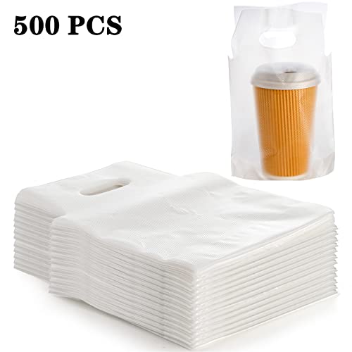 DEAYOU 500 PCS Clear Handle Drink Poly Bags, Plastic Drinking Packaging Bag for Delivery, 7.8\" L x 11\" H Hanging Hole Cup Carrier Holder Container with Handle for 33 OZ Single Cup, Take Out, Beverage