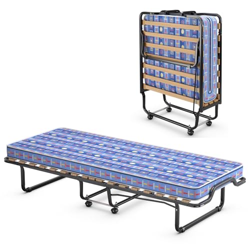 Giantex Cama Individual Plegable 80 x 200 cm, Cama Plegable con Colchón de Espuma Viscoelástica de Grosor de 10 cm, con 4 Ruedas, Carga hasta 120 kg, Cama Supletoria para Viaje, Hotel (Azul)