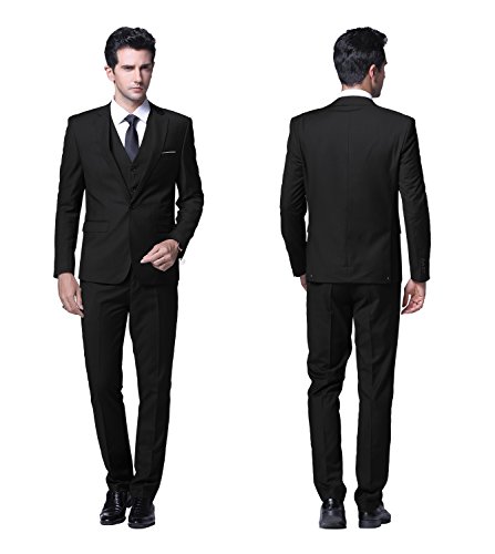 Yffushi Men's Slim Fit 3 Piece Suit One Button Business Wedding Prom Suits Blazer Tux Vest Trousers Black #TOP5