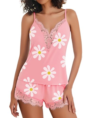 Image of Avidlove Women Pajama Set Lace Trim Short PJ Set Modal V Neck Sleeveless Sleepwear Drawstring Waist Nightwear S-XXL