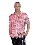 WDIRARA Men's Sequin Decor Fringe Button Front Shirts Short Sleeve Sheer Party T Shirt Pink Medium