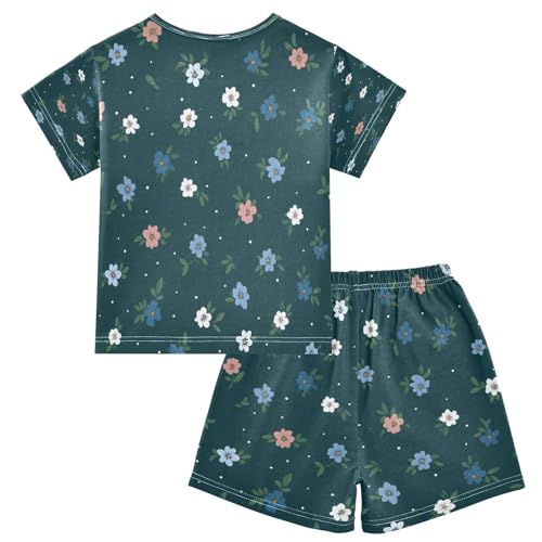 White Pink Floral Pattern Kids Pjs Set Boys Girls Summer Short-Sleeve Sleepwear Pajamas 2PCS2