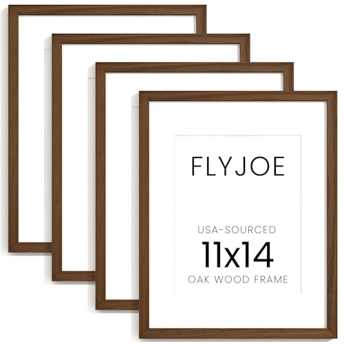 Image of FLYJOE 11x14 Oak Wood Picture Frame with Mat for 8x10, 11 by 14 USA-Sourced Natural Solid Wooden Photo Frame for Wall Display, Shatterproof Plexiglass, Hanging Hardware Included, 4 Pack, Walnut Color