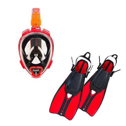 OCEAN REEF - Aria QR+ Full Face Snorkeling Mask & Duo II Travel Fins (Red, Mask L/XL - Fins L/XL)