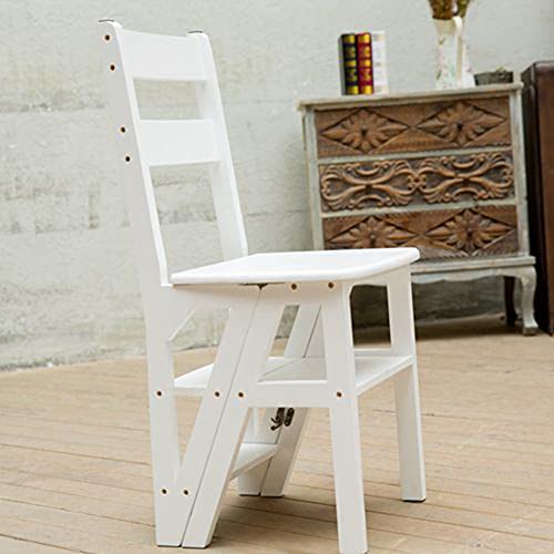Taburete escalera plegable de madera maciza blanca con peldaños anchos para el hogar 4