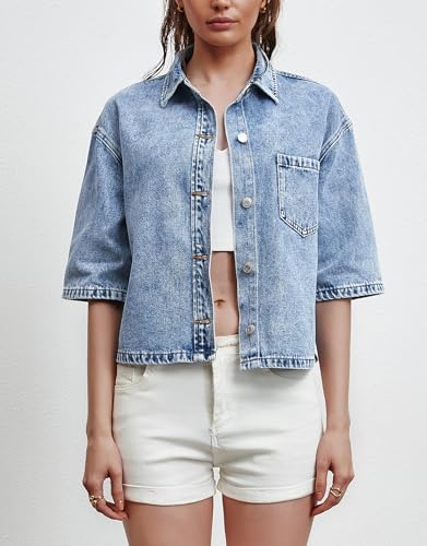 Kedera Women Summer Denim Short Sleeve Shirt 2025 Button Down Casual Turn Down Collar Jean Tops Trendy Jacket Shacket2