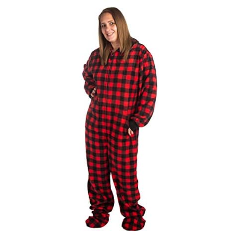 BIG FEET PAJAMA CO. Hoodie Footed Buffalo Plaid Fleece Unisex Onesie with DropSeat (M) Cover