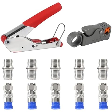 ALMOCN Coax Cable Crimper Tool Kit Coaxial Compression Tool Coaxial Cable Stripper with 5PCS RG6 F Type Connector Coaxial Compression Fitting + 5PCS Coaxial Cable Extension Adapter Cover