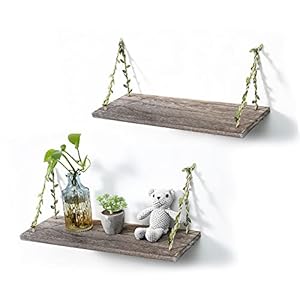 MITIME Leaf Rope Hanging Floating Shelves, Wall Swing Storage Shelf for Home Decor.17, 2-Pack (Retro Color)
