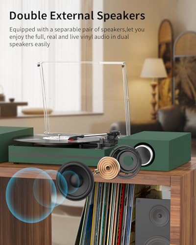 Image of Record Player for Vinyl with External Speakers Belt-Drive Turntables for Vinyls Records Dual Stereo Speakers LP 3 Speed BT Wireless AUX-in Headphone Auto Stop New Sleek Stylish Dark Matte Green