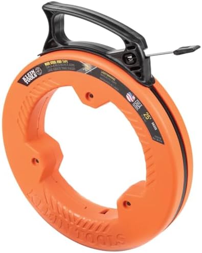Klein Tools Fish Tape, 25-Foot 1/4-Inch Wide Spring Steel Tape, Slim Plastic Tip, Laser Etched 1-Foot Markings, Great for Short Runs, 56335
