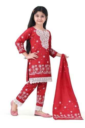 Image of Girls Traditional Rayon Salwar Suit Set with White Embroidery, 3-Piece Ethnic Wear with Lace Detail and Floral Pattern