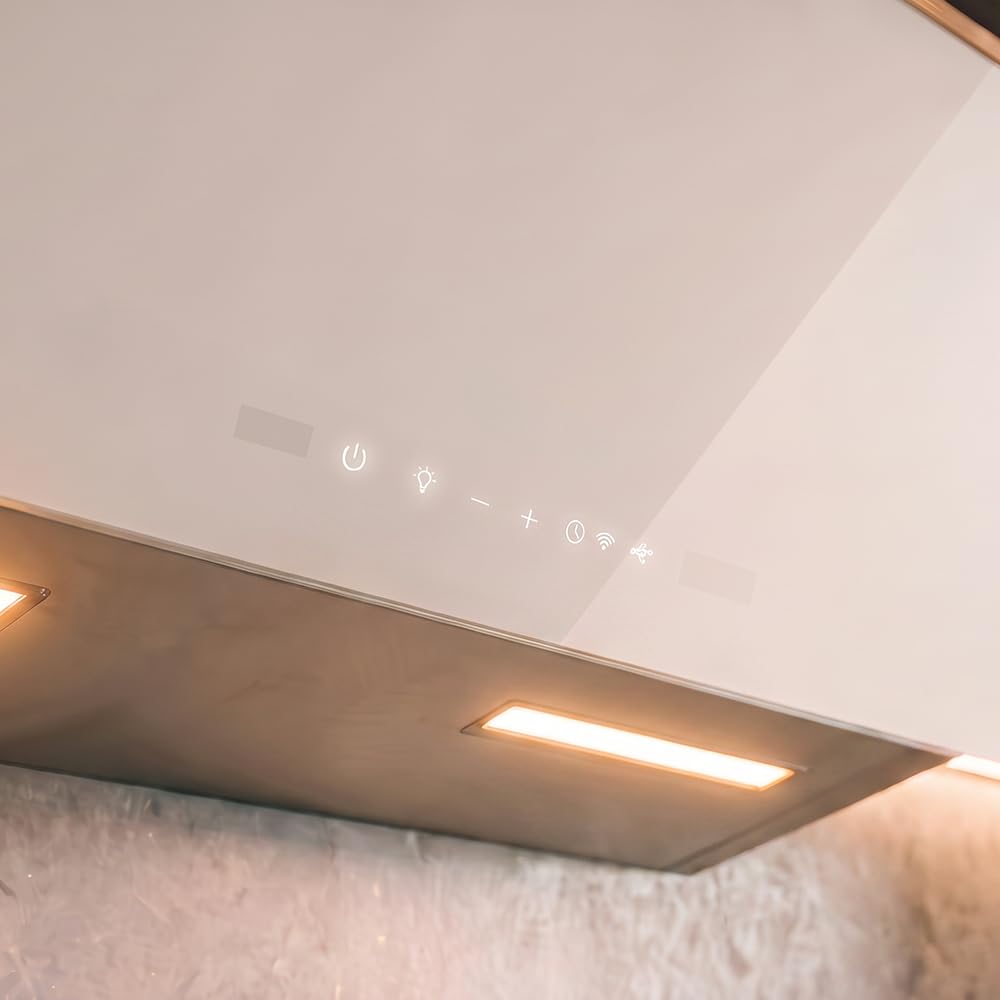 Cecotec Okap dekoracyjny 60 cm Bolero Flux DT 607500 Matt White A+++. Matowe i błyszczące szkło z miedzianymi detalami, ssanie 717,2 m³/h, funkcja wzmacniacza, filtry aluminiowe, klasa A+++