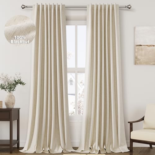 Image of White 100% Blackout Linen Curtains for Bedroom 126 Inches Long Back Tab Thermal Insulated Country Farmhouse Decor Black Out Curtain for Living Room Floor to Ceiling High Window 52x126,2 Panels