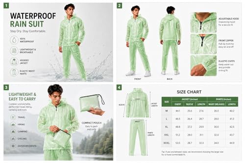 Image of Krystle Men's PVC Rainsuit with Hoods and Side Pocket, 100% Waterproof Portable Rainwear (Multicolor,Multisize)