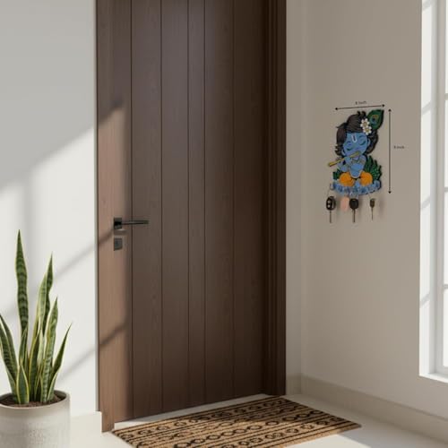 Image of JIVAY Baby Krishna Decorative Wall Mounted Key Holder for Home | Wooden Key Hanger with 7 Hooks | Designer Key Stand for Living Room, Entrance & Office (Blue Krishna Key Holder) Pack 2