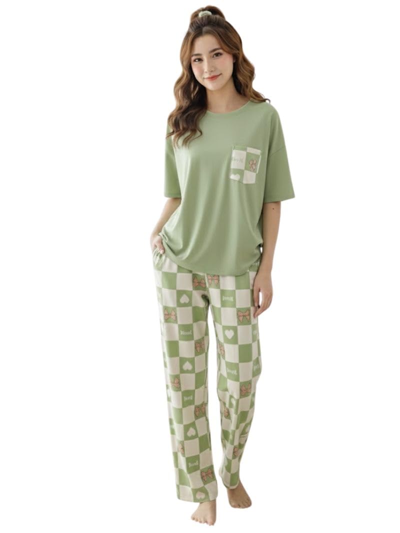 SHIENZY Women Korean Style Night Suit | Round Neck Short Sleeve Cute Printed Cotton Pajama Set for Girls & Women | Soft Nightwear, Loungewear, Sleepwear for Women | Full Pyjama Set | Co-ord Set