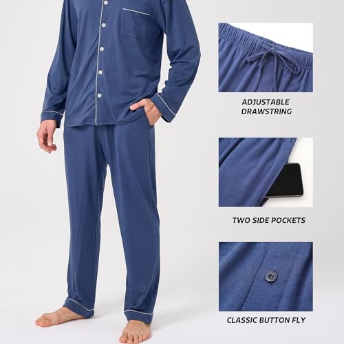 Image of BAMBOO COOL Mens Pajama Set Bamboo Viscose Cotton Soft Lightweight Loungewear Sleepwear Long Sleeve and Pants with Pockets