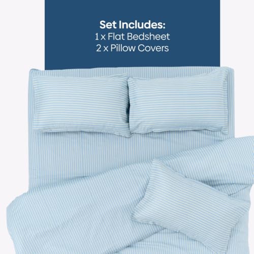 Image of Haus & Kinder Double Bed Bedsheet 90 x 100 | 186 TC Pure Cotton Bed Sheet Double Bed with 2 Pillow Covers | Queen Size Bed Sheet | Seiran Stripe Blue Breeze