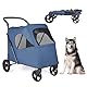 AESRAOU Großer Hunde-Reisewagen mit 4 robusten Rädern, Haustier-Kinderwagen mit verstellbarem Griff, doppelte Kapazität für Hunde, Joggerwagen mit Hintertür vorne für kleine, mittelgroße (Marine)