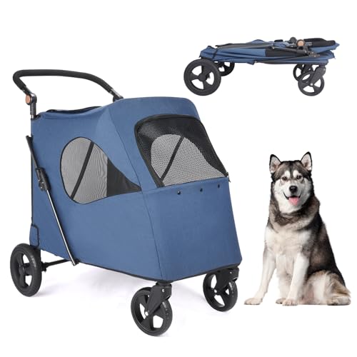 AESRAOU Passeggino da viaggio per cani di taglia grande, con 4 ruote resistenti, con manico regolabile, doppia capacità per cani, con porta anteriore posteriore, per cani di taglia piccola, media e