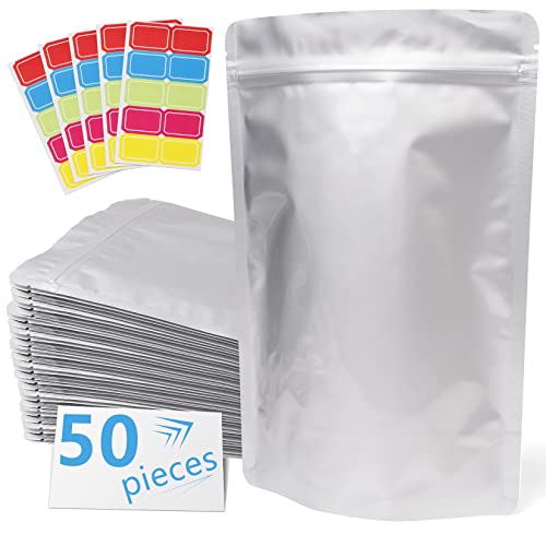 50 Pack Extra Thick 9.4 Mil 7  x10  -1 Quart Mylar Bags for Long-term Food Storage with 50 Labers,Resealable Smell Proof Heat Sealable Bags for Edible Packaging,Stand-up Foil Pouch Bag for Rice Tea