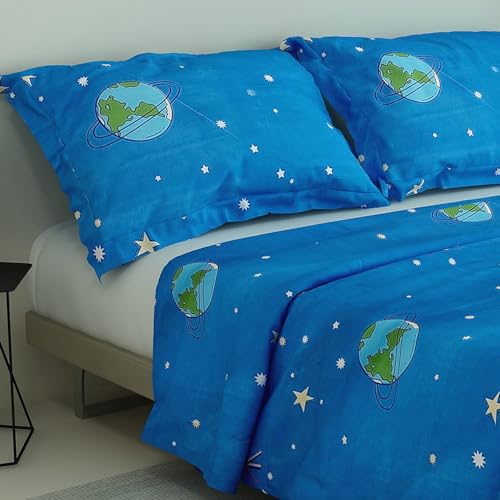 Image of Cotton Printed Bedsheet for Kids | King /Double Size Bed Bedsheet with 2 Pillow Cover | 200TC Elastic Fitted Bedsheet for Kids Room (72 inchx78 inch Upto 6 Inches,Blue, Astronaut)