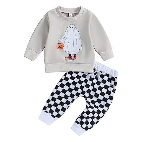 Sprifallbaby Toddler Boys Halloween Outfit Spooky Pumpkin Pullover Sweatshirt Top Newborn Infant Baby Boy Checkerboard Pants Set Cover