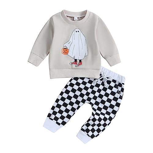 PDYLZWZY Disfraz de Halloween para bebé, niño, niña, parche fantasma, sudadera y pantalón con estampado de tablero de ajedrez, juego de pantalones de Halloween, otoño y ropa de bebé, gris claro, 12-18