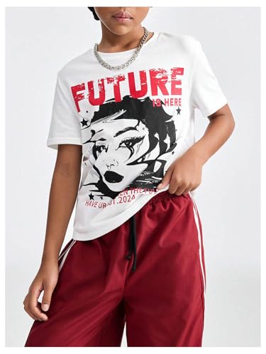 WDIRARA Girl's Graphic Letter Print T-Shirts Short Sleeve Crew Neck Tee Shirt Y2k Tops3