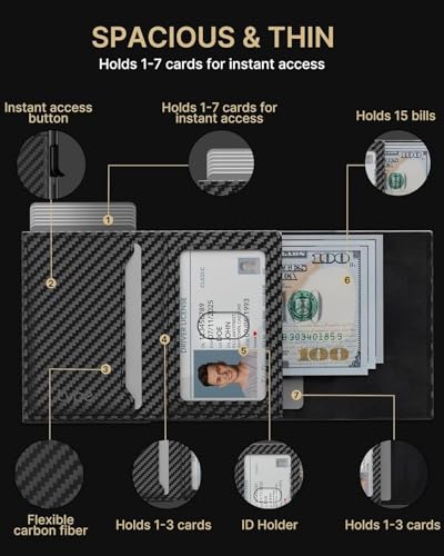 Image of Mens Wallet Card Holder: Genuine Leather, Smart, RFID Blocking, Slim, Pop Up Aluminum Case, Minimalist, Front Pocket - 9-14 Card Capacity, ID Window, Cash Slot (Minimalist Carbon Fiber Black)