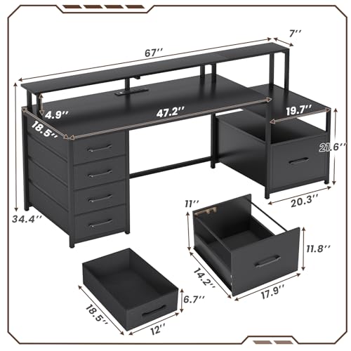 SEDETA 66'' Computer Desk with 5 Drawers, Power Outlet, LED Lights - Home Office & Gaming Desk, Black
