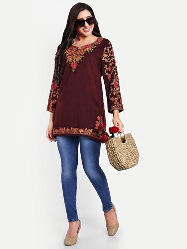 Image of HAUTEMODA Women Woollen Short Kashmiri Embroidery Phiran Kurta