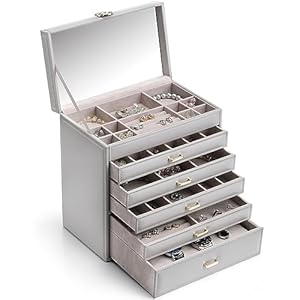 Vlando 6 Tier Large Jewelry Box for Women – Large Jewelry Organizer with Mirror, Jewelry Box for Drawer Necklace Ring Bracelet and Watch, Gift for Loved Ones – Grey