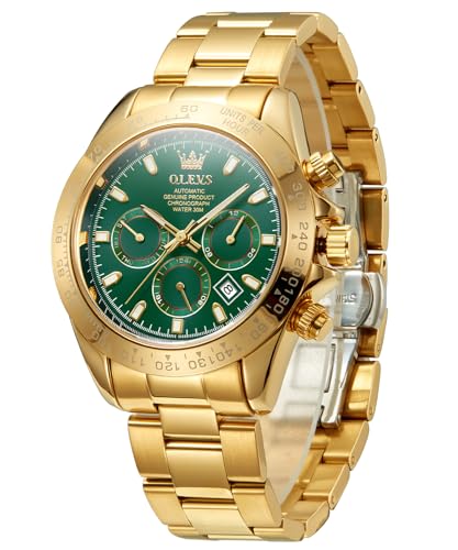 Image of OLEVS Men's Gold Watch Popular, Automatic Winding, Gold Strap, Water Resistant to 3 ATM, Luminous, Calendar, Date, Skeleton, gold-green, Bracelet Type