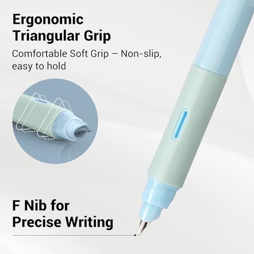 Image of WRITECH Soft Grip Fountain Pen: Black Ink Fine Nib Pen with 1 Replacement Nib Set and 3 Ink Cartridges Smooth Writing for Calligraphy Journaling Gift (Blue)